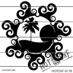 HOTDXF-0178 - CIRCULAR OCEAN WAVE PATTERN ALOHA TROPICAL SUNSET WITH PALM TREE AND BEACH SIGN