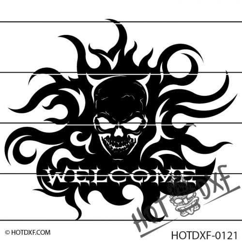 HOTDXF-0121 FIERY SKULL WELCOM SIGN DXF